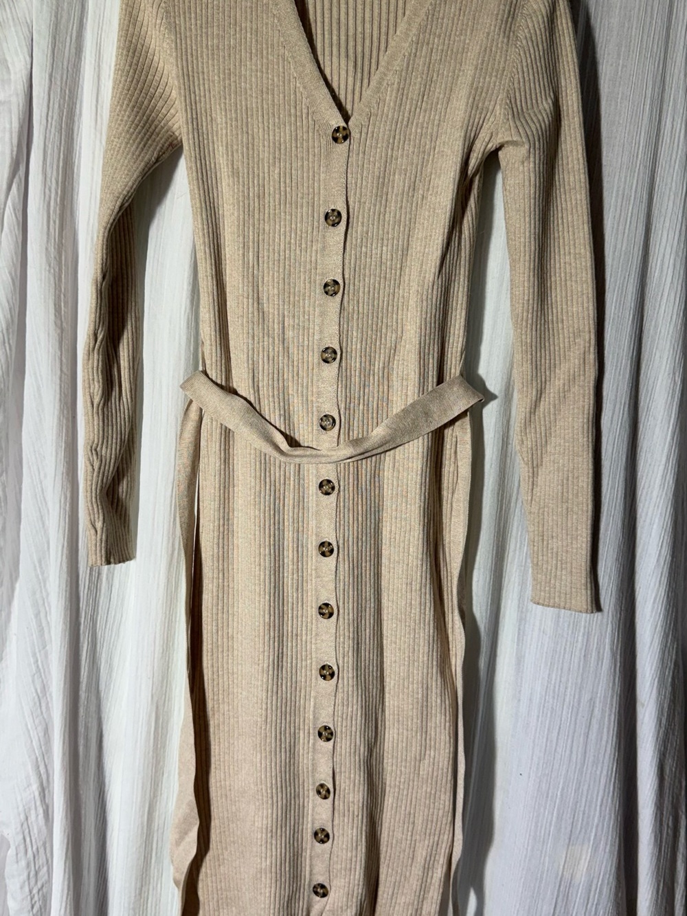 Hippie Rose Neutral Beige Ribbed Button-Down Long Sleeve Dress with Waist Tie